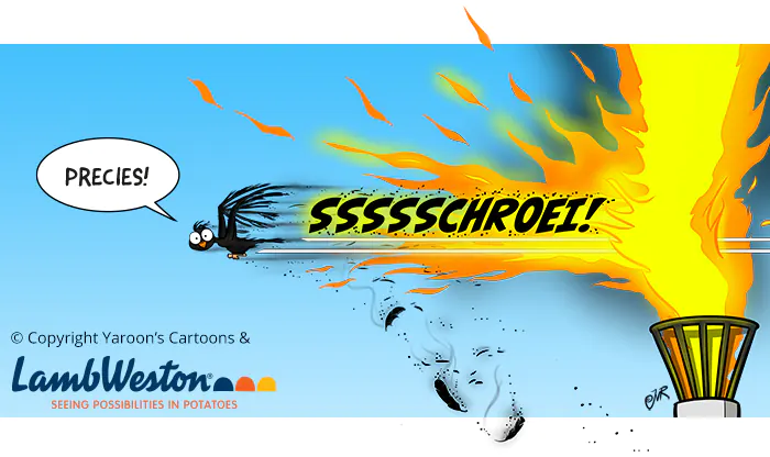 Vogel schroeit zijn veren als hij door de vlam van een affakkelinstallatie vliegt, cartoon voor Lamb Weston